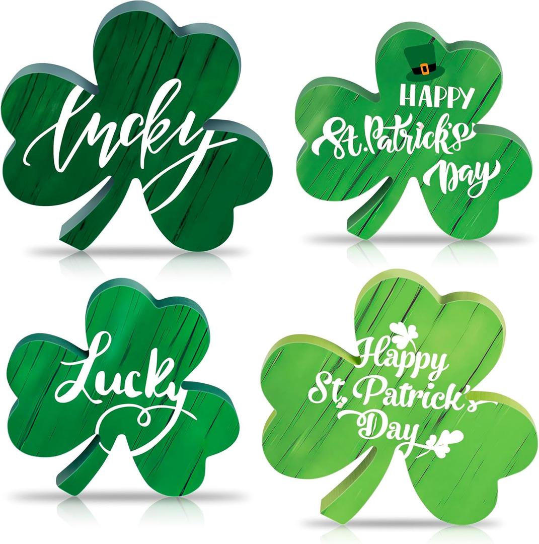 St Patricks Day Wooden Shamrock Decoration, 4-Piece Set of St. Patrick's Day Tabletop or Tray Multi-Layer tiered tray decor Tray Decoration, shamrock decorations, Office Decor (Green03)