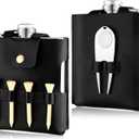 Remerry Golf Flask Gift Set 7 oz Stainless Steel Flask with Leather Case Golf Accessories for Men and Women Includes Drinking Bottle Divot Tool Ball Marker and 4 ball Tees (Black)