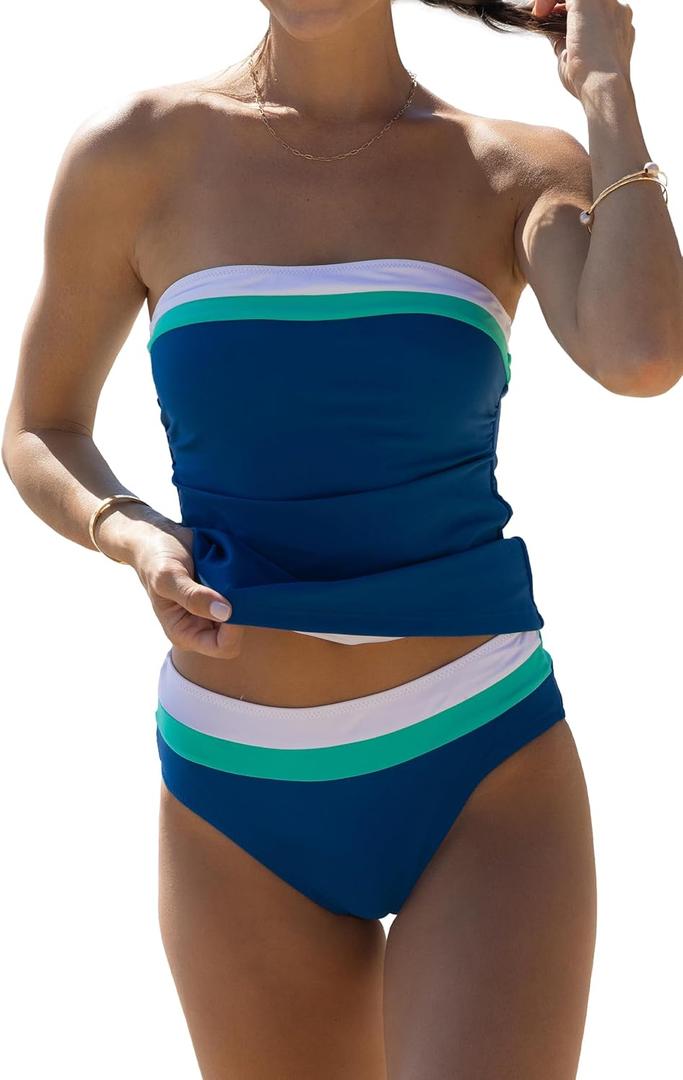Beachsissi Bandeau Swimsuits for Women Strapless Swimwear Bathing Suits Tummy Control Color Block Tankini Sets (Large, Blue)