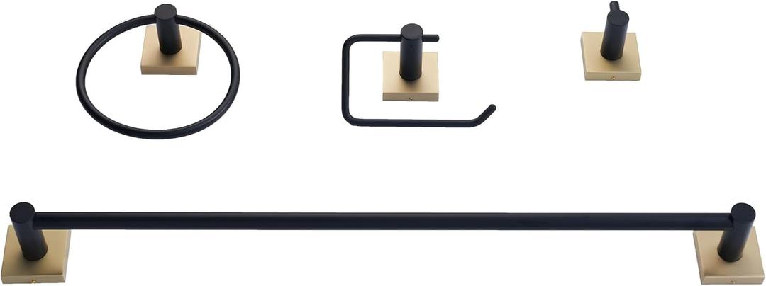 SENTO VINTO Bathroom Accessories Set, Heavy Duty Metal Bath Hardware Set Wall Mounted, Includes Robe Hook, Standard Toilet Paper Holder, Towel Ring, 24” Towel Bar (4-Piece, Matte Black+Satin Brass)