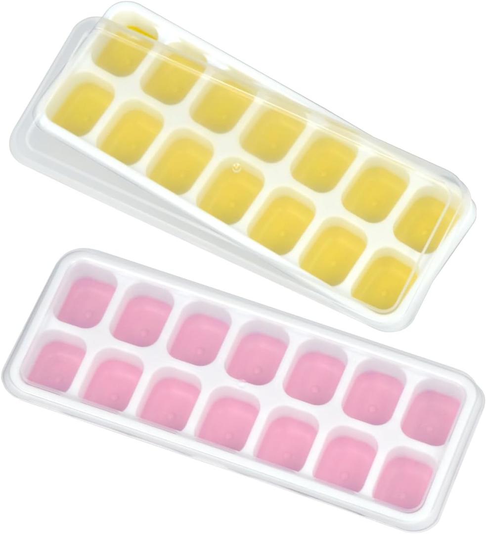 Ice Tray, Ice Cube Tray with Spill-Resistant Lids, Ice Cube Tray,2 Packs 28 Cubes, Easy-Release, Stackable, Reusable Ice Tray, for Cocktail, Coffee, Beer, Drinks (2, Yellow + Pink, 8.07x3.07 inch)