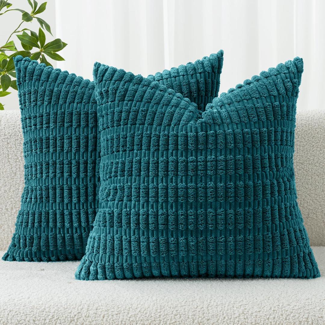 MIULEE Pack of 2 Corduroy Decorative Throw Pillow Covers 18x18 Inch Soft Boho Striped Pillow Covers Modern Farmhouse Home Decor for Summer Coastal Sofa Living Room Couch Bed Teal