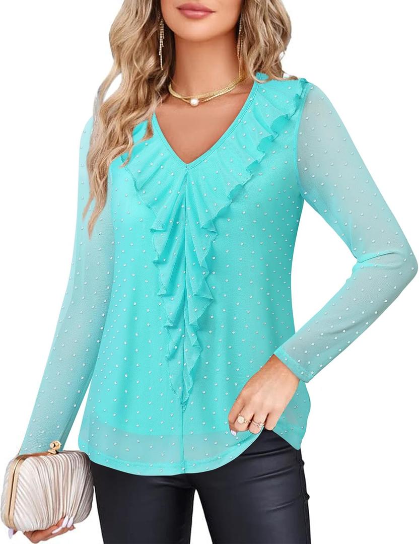 Gaharu Women's Dressy Blouses Long Sleeve Ruffle Shirts Casual Loose Fit Mesh Double Layers Flowy Tunic Tops (Blue, M)