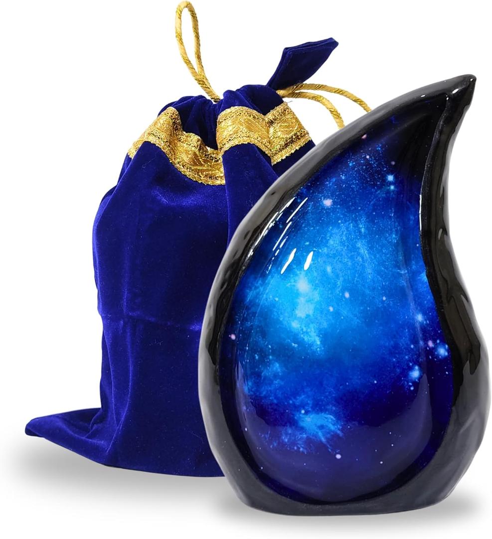 NORSE'S TRADECRAFT Teardrop Urn for Ashes Adult Male & Female | Memorial Gifts with Velvet Bag l Cremation Urns with Blue Single Sided Galaxy Design | Handcrafted Memorial Box for Funeral - 60 cu in