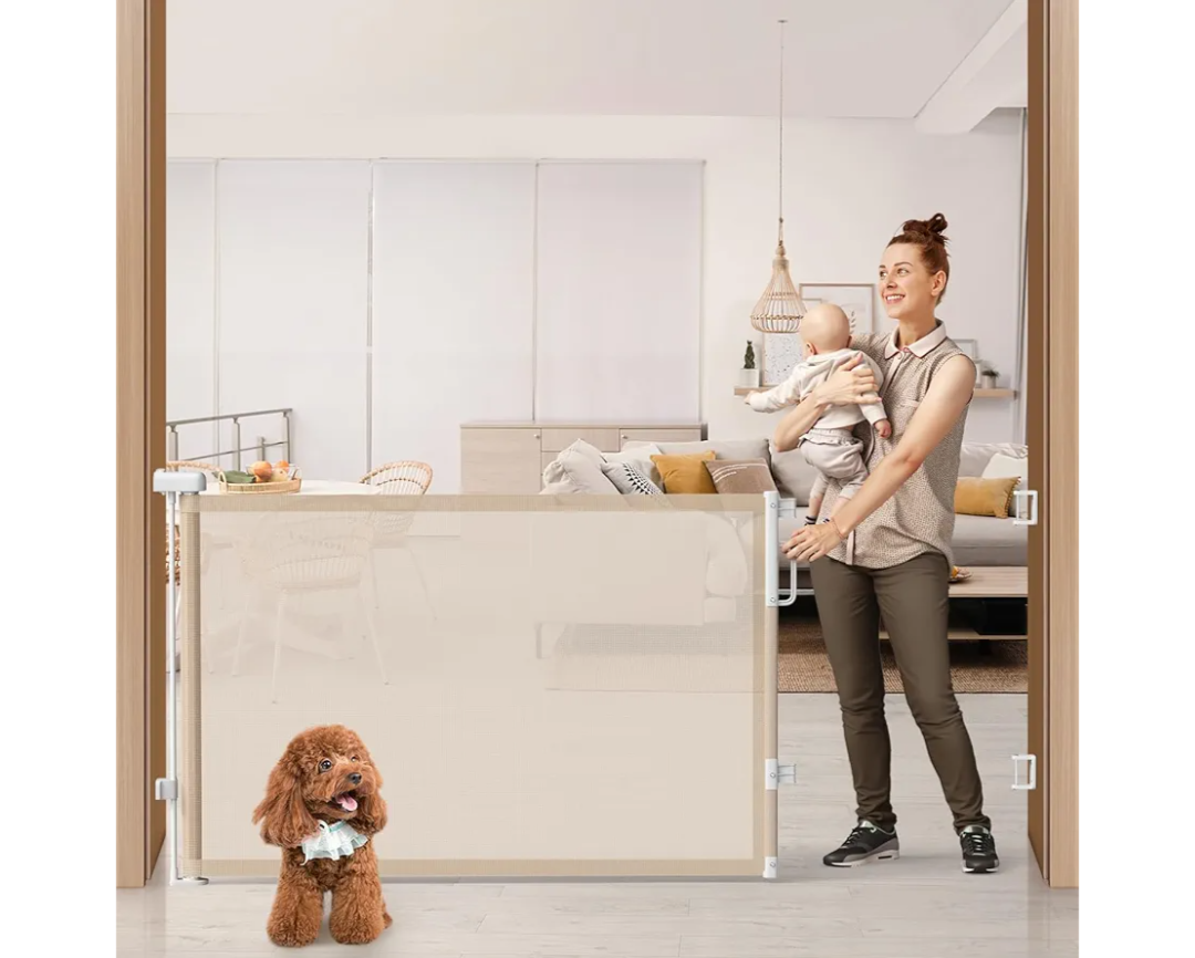 76" Retractable Baby Gates Extra Wide, Mesh Long Dog Gate for Wide Openings, Indoor Outdoor Stair Gate for Doorways Hallways Deck Porch, Child Pet Safety Essentials for Home, Beige