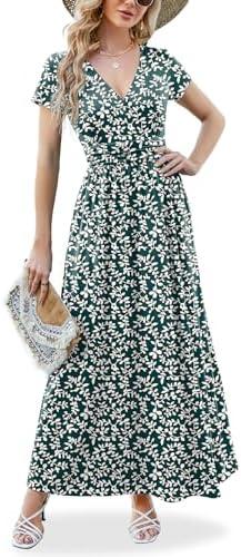 ANRILITA Maxi Dress for Women Wrap V Neck Short Sleeve Empire Pleated Waist Summer Casual Elegant Long Dresses with Pockets, M