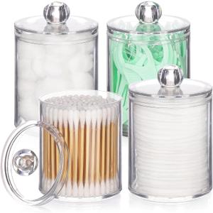 Tbestmax 4 Pack Qtip Holder Bathroom Container, 10/7oz Cotton Ball/Swabs Dispenser, Clear Apothecary Jars with Lids for Organizer and Storage