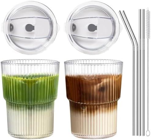 Iced Coffee Cups with Lids and Straws Set of 2, 16 Oz Unbreakable Plastic Drinking Glasses Reusable Iced Coffee Glass to Go Cup for Iced Tea, Juice, Water, BPA Free, Dishwasher Safe