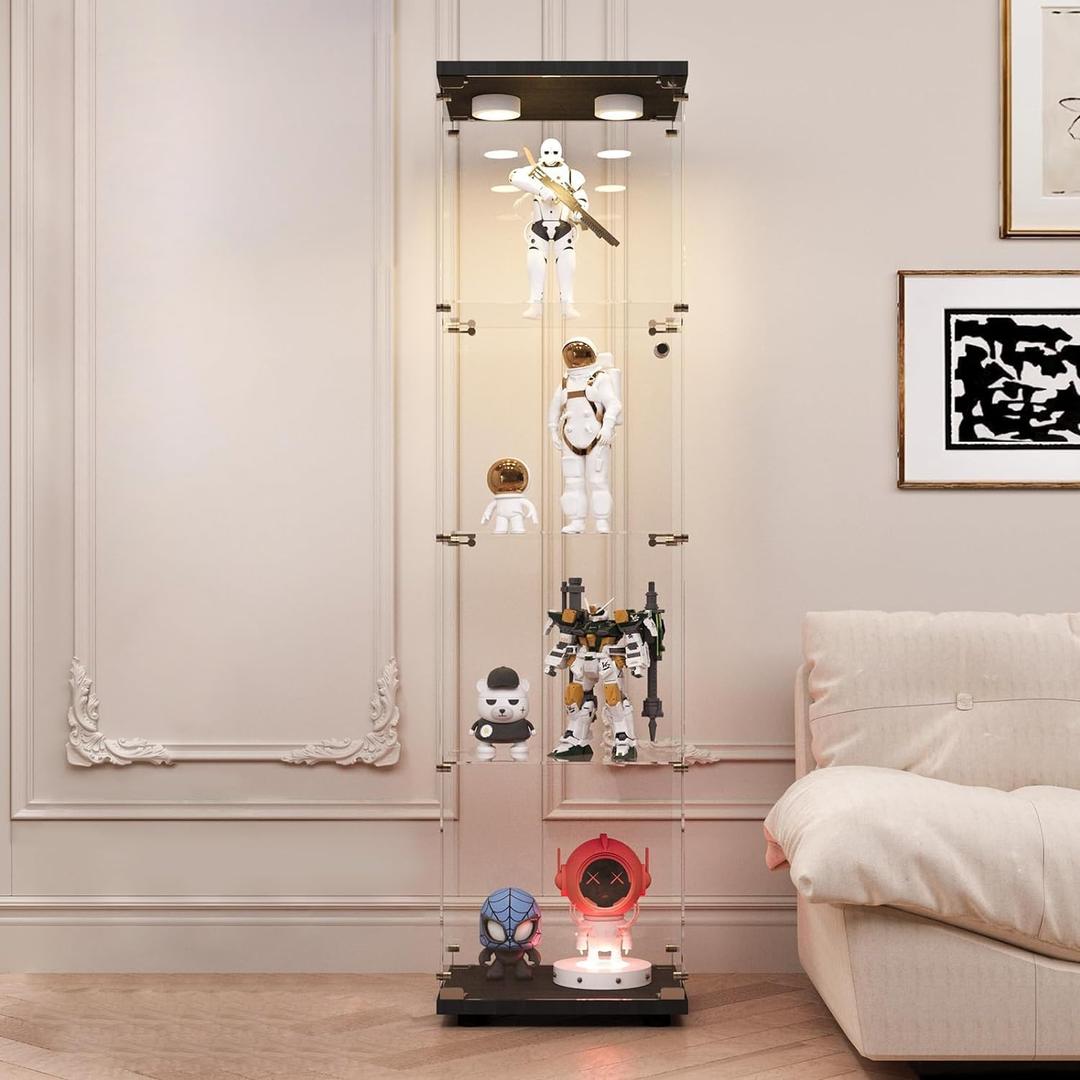 LFT HUIMEI2Y Glass Display Cabinet with LED Lights and Lock, 4-Shelf Curio Cabinets with Door, Tempered Glass Collection Display Showcase for Bedroom, Living Room 65x 17x 14.5 Black, 4 Shelf Single Door-LED