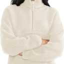 Fleece Sweatshirts for Women Cropped Long Sleeve Half Zip Pullover Sherpa Jacket Warm Fuzzy Coats with Pockets (Medium, Beige)
