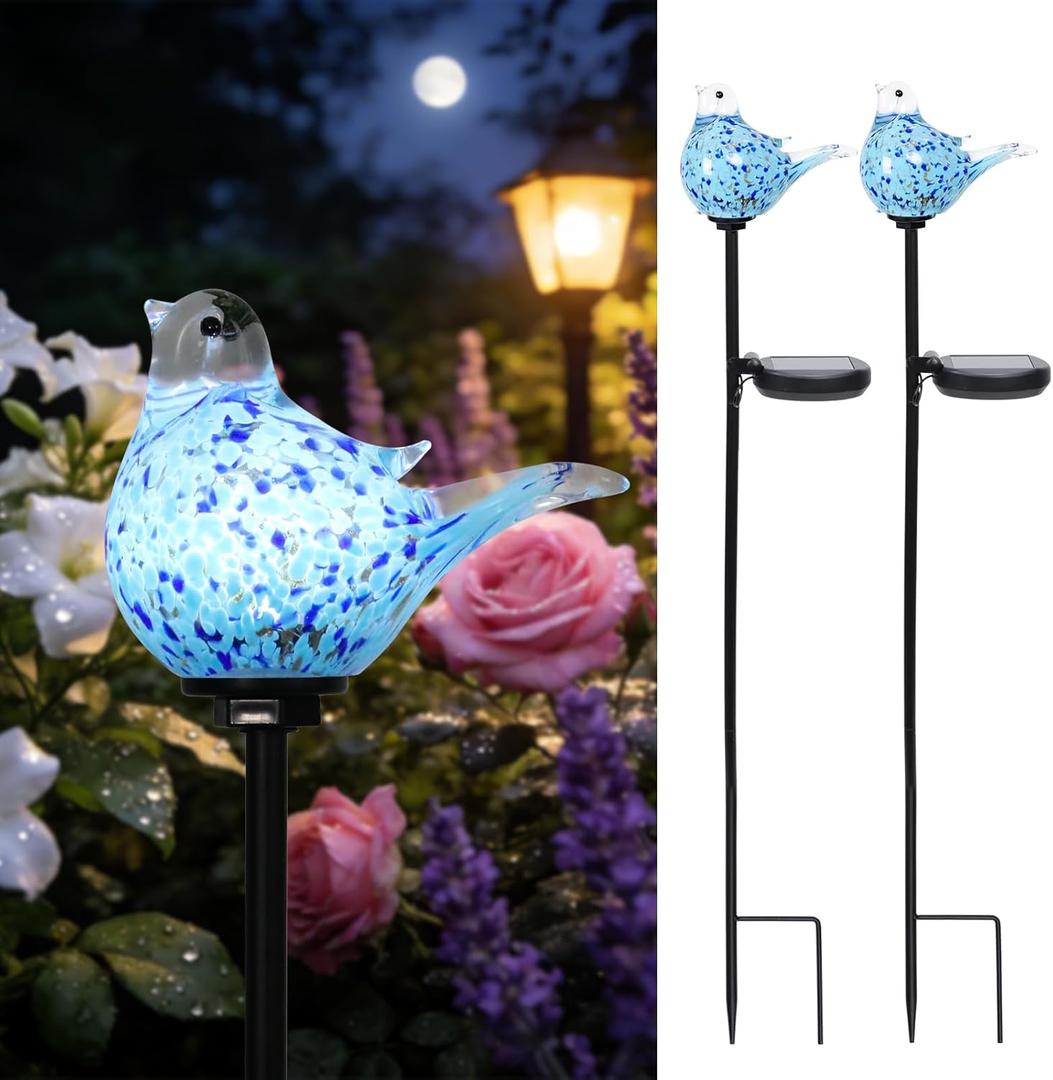 Solar Garden Lights Outdoor Blue Bird Hand-Blown Glass Stake | Hand Blown Glass Bird with Solar light, Weather Resistant, Easy Setup, Ideal for Lawn and Pathway Decor, 2 Pack Blue