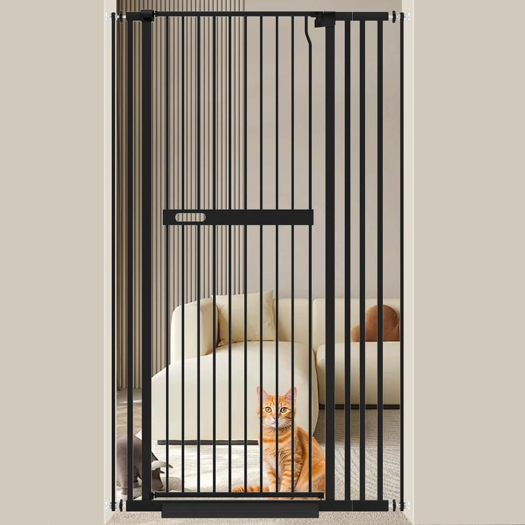 WAOWAO 71" Extra Tall Cat Pet Gate 29.92-37.79" Wide Pressure Mounted Walk Through Swing Auto Close Safety Black Metal Dog Pet Puppy Cat for Indoor Stairs,Doorways