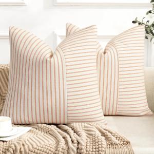 YCOLL Fall Pillow Covers 18x18, Modern Accent Throw Pillow Covers Set of 2, Burnt Orange Striped Patchwork Linen Decorative Pillows Cushion Covers for Couch Chair Bedroom Fall Decorations