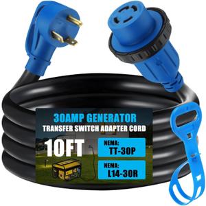 Tellegloww 10 ft TT-30P to L14-30R Generator Transfer Switch Adapter Cord, 30 Amp TT-30P Male to L14-30R Female with Locking Ring Generator to House Inlet Box Adapter, STW 10 AWG, ETL Listed