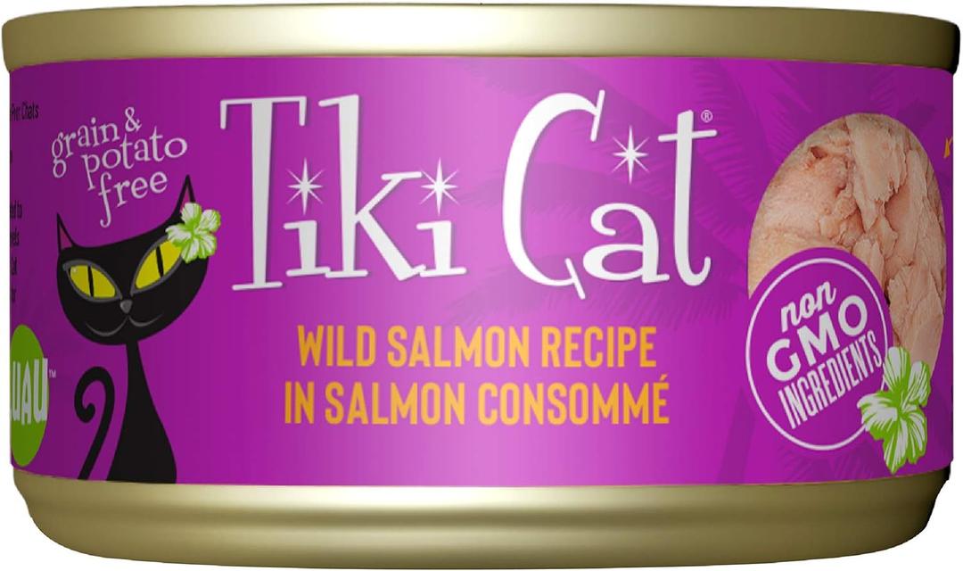 Tiki Cat Luau Shredded Meat, Wild Salmon Recipe in Salmon Consumme, Grain-Free Balanced Nutrition Wet Canned Cat Food, For All Life Stages, 2.8 oz. Can (12 Count), Best By Mar 2028