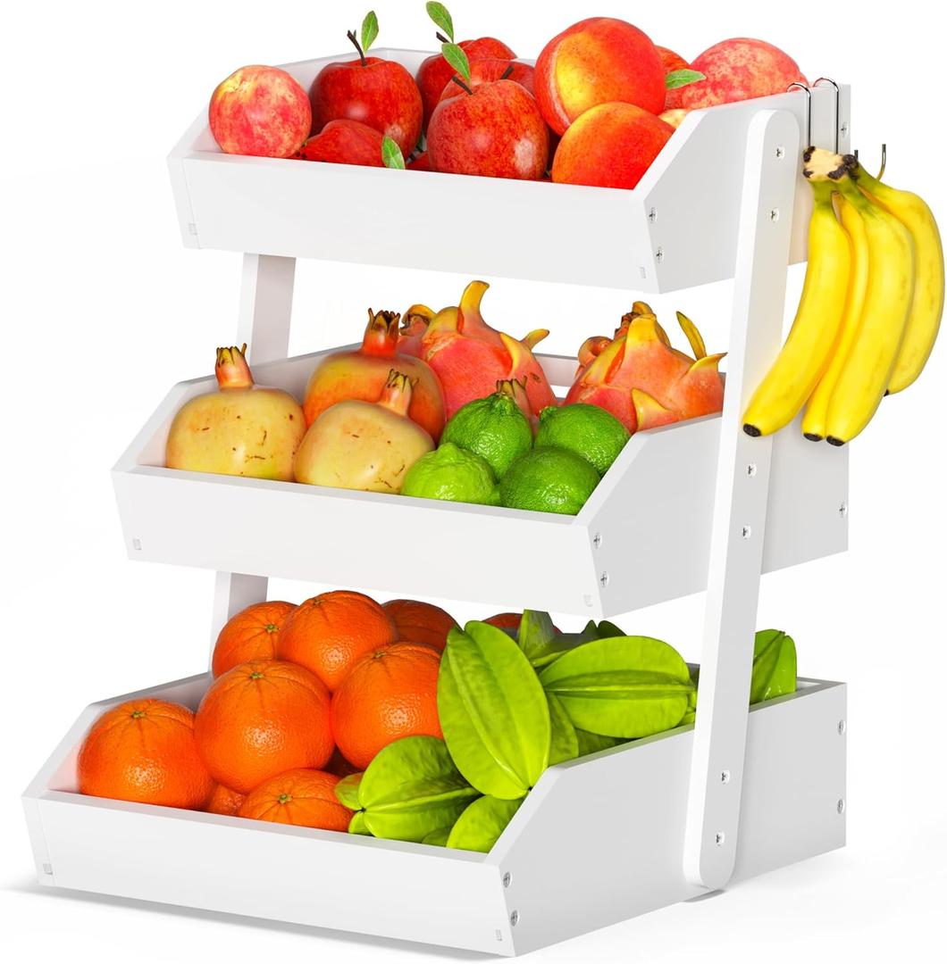 Gmtsl Bamboo Fruit Basket for Kitchen– 3 Tier Fruit Bowl For Kitchen Counter, Large Fruit Holder With Banana Hangers, Idea For Vegetable Storage, Bread Display, Snack Organizer(White)