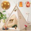Tiny Land Teepee Tent for Kids with Star Lights, Foldable Play Tent for Girls & Boys, Washable Indoor Toddler Tent, Cozy Warm Reading Nook & Room Decor (Off White)