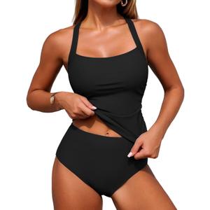 ZAFUL Women's Tankini Swimsuits Tummy Control Swimwear Two Piece Bathing Suits Swim Top with High Waisted Bottom Large