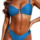 Women’s Bikini Set Two Piece Swimsuit with Metal Accent Top High Cut Bottom (Blue, S)