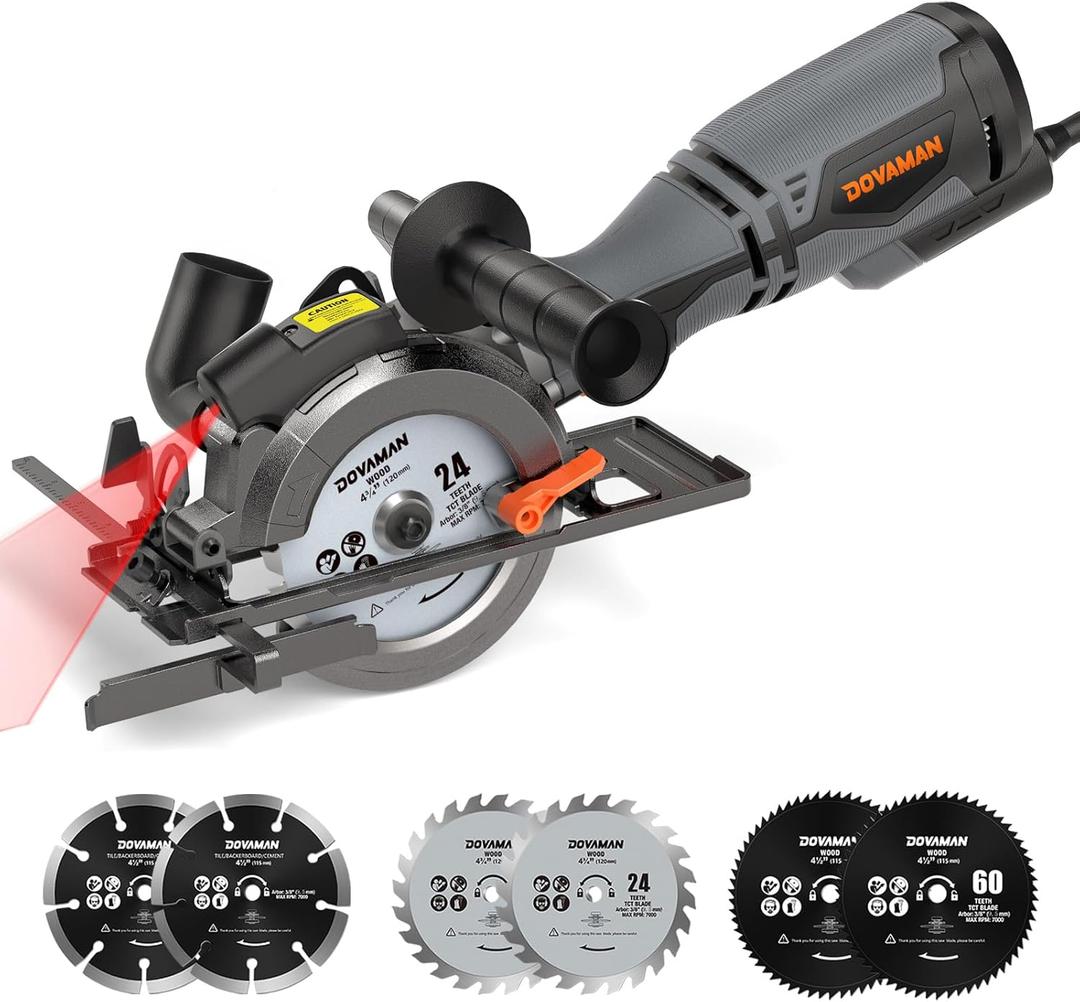 DOVAMAN Circular Saw, 5.8A 4-1/2" Circular Saw w/Laser, Metal Auxiliary Handle, 6 Blades (4", 4"), Cutting Depth 1-11/16" (90), 1-3/8" (45), Ideal for Wood, Soft Metal, Plastic, Tile - MCS01A
