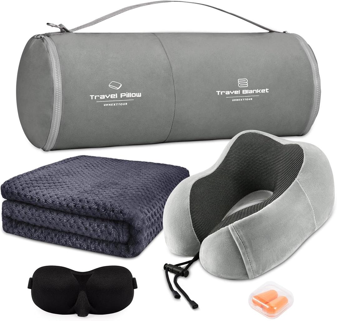 Travel Pillow and Blanket Set Neck Pillows Soft Blankets with Sleep Mask Travel Essentials for Airplane Car Memory Foam Grey