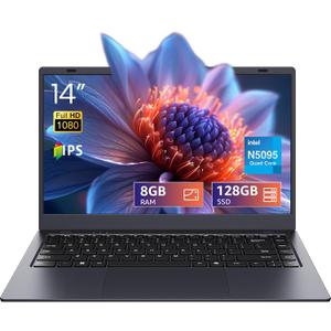 UOWAMOU 14" Laptop Windows 11 Pro - Intel N5095 Quad-Core, 8GB RAM 128GB SSD, WiFi 5/ Bluetooth 5.0, Webcam Privacy Cover, Preloaded Office 2024 - Ultra-Portable