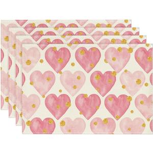 Artoid Mode Polka Dot Golden Heart Love Placemats Set of 4, 12x18 Inch Anniversary Table Mats for Party Kitchen Dining Decoration