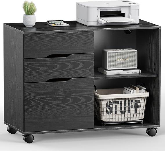 DUMOS File Cabinet with 3 Drawers, Wood Under Desk Storage Printer Stand | Rolling Lateral Filing Cabinet with Adjustable Shelves for Home Office Study Organization,Black