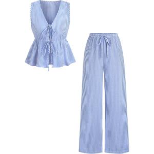 SweatyRocks Women's 2 Piece Outfits Striped Bow Tie Front Sleeveless Peplum Top and Pants Sets Blue Medium