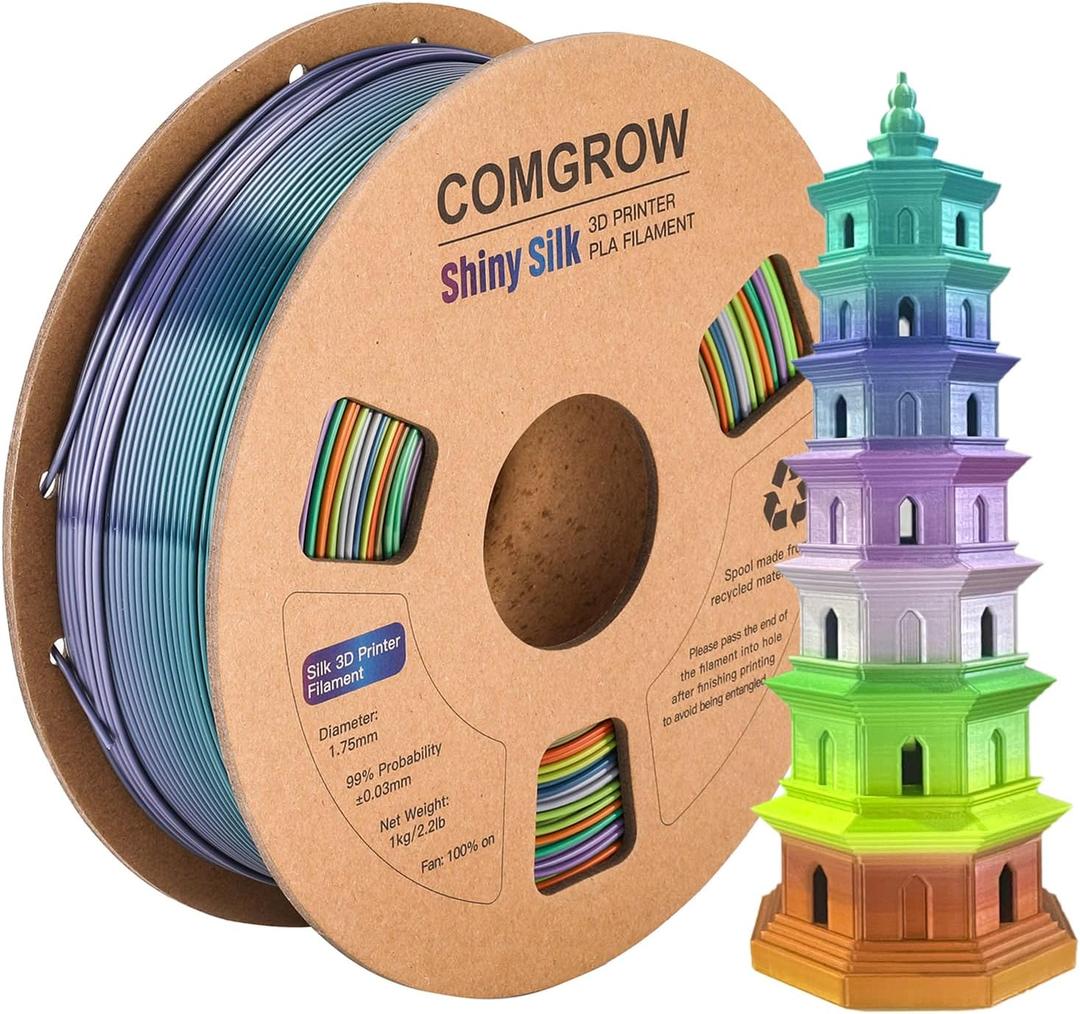 Comgrow Rainbow Colors Silk PLA 3D Printer Filament, PLA Filament 1.75mm, Dimensional Accuracy +/- 0.02 mm, 1KG Spool, Coextrusion 3D Filament with Shiny Silk Rainbow Yellow