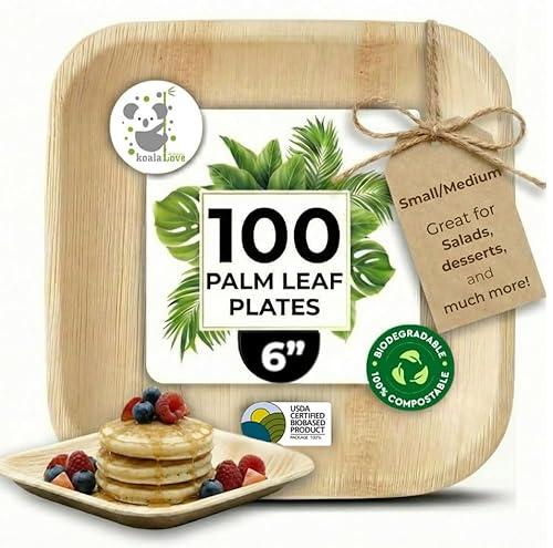 Palm Leaf Plate Bamboo Paper Disposable 6 Inch 100 Bulk Appetizer and Dessert Square Party Pack Eco Biodegradable Compostable Wooden Plates Better Than Plastic Plates By KoalaLove