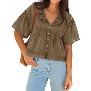 Cicy Bell Womens Cropped Babydoll Tops Summer Eyelet V Neck Short Sleeve Cute Blouses Ruffle Shirts, Medium