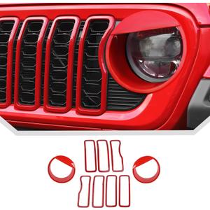 JeCar 9pcs Red Headlight Covers & Grill Inserts Trim Kit for 2024 2025+ Jeep Wrangler JL JLU Gladiator JT