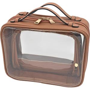 JAZD Clear Makeup Bag Toiletry Bag for Women Cosmetic Case Large Capacity Travel Make Up Bag Organizer Transparent Storage Compartment TSA Approved (BROWN)