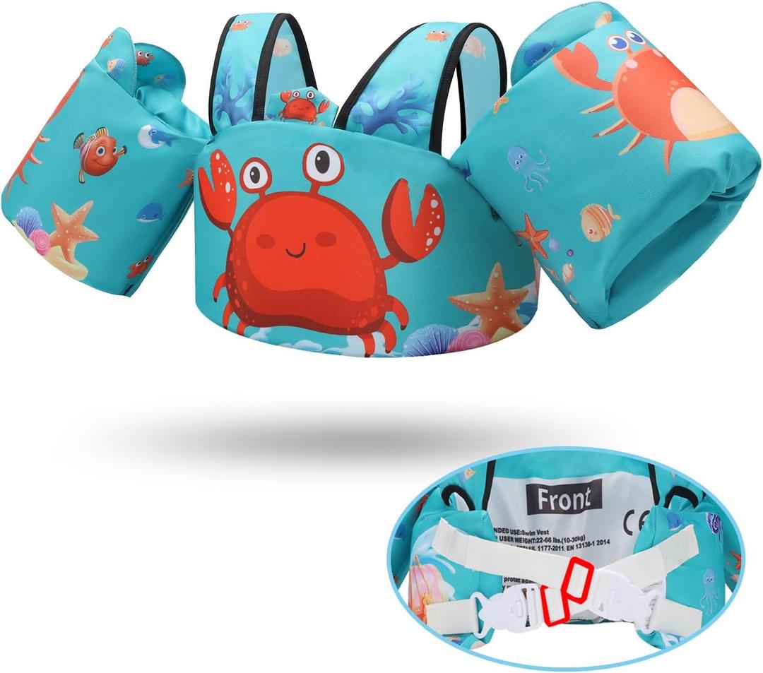 Toddler Floaties Kids Swim Vest for 22-66 Pounds Boys-Girls Water Wings Kids Pool Floaties for 2-6 Years Old Child Swim Learning Trainning (Green-Crab)