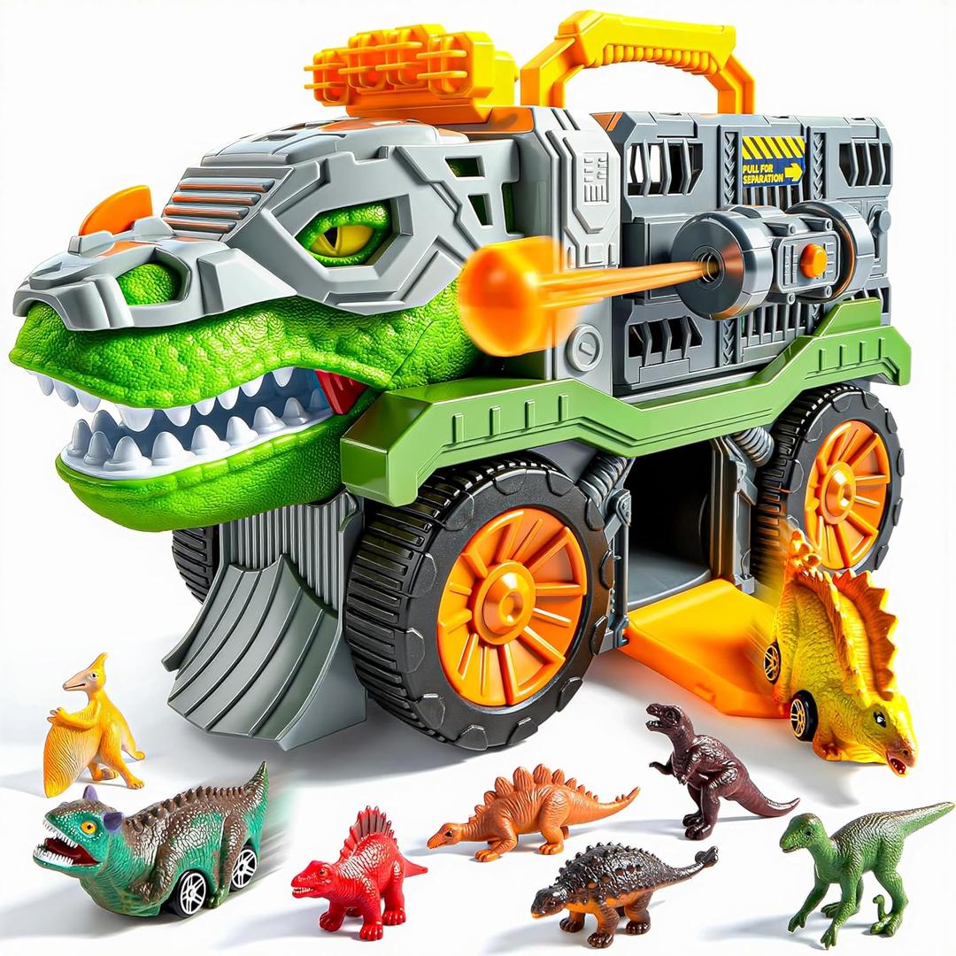 JOVA Vroomix Dinosaur Toys for Kids 3-5, Dinosaur Carrier Truck with 2 Pcs Cars and 6 Pcs Figures for Toddlers, T.Rex Truck with Launcher and Darts, Birthday Gifts Toys for 3 4 5+ Year Old Boy