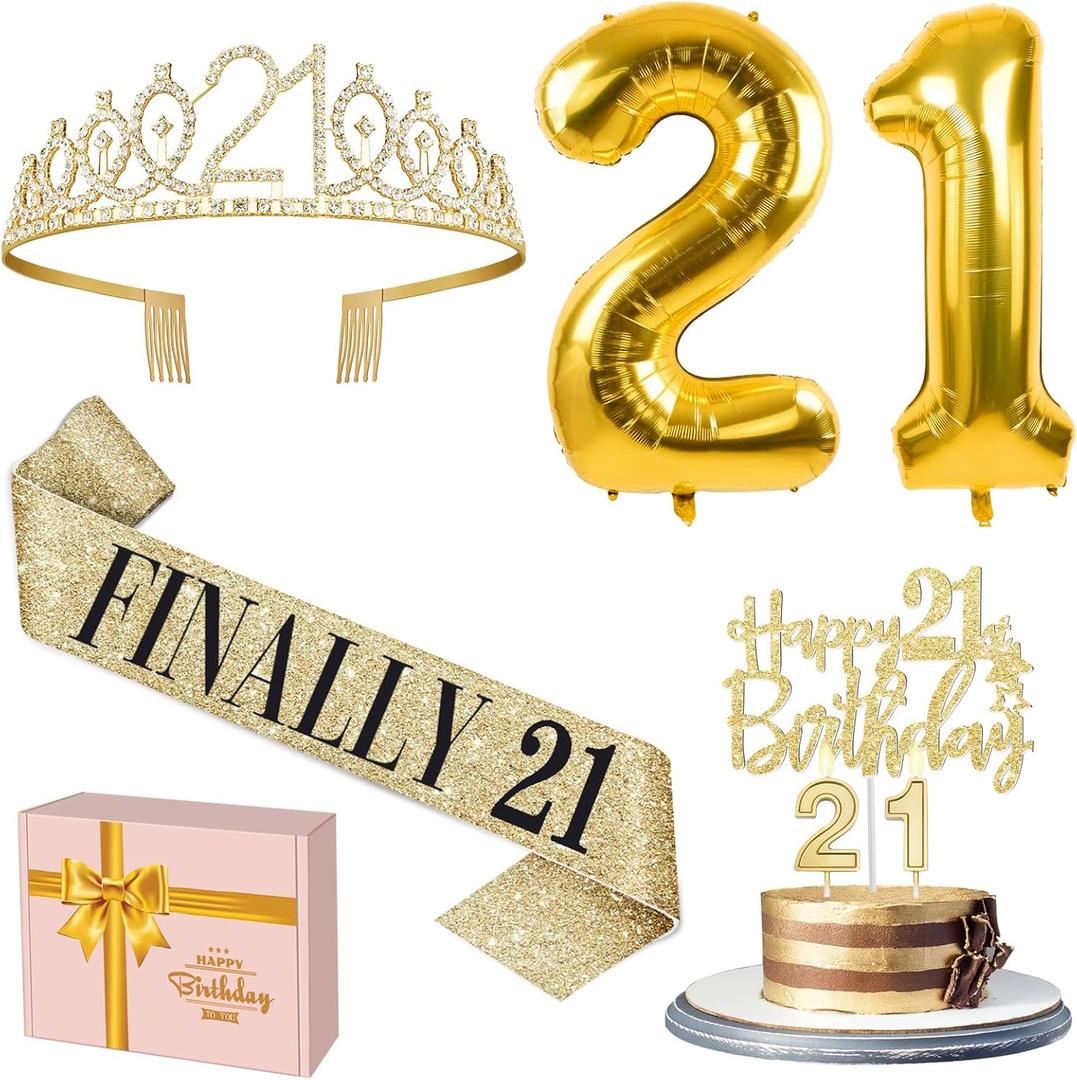 21st Birthday Decorations for Her Gold with 21st Birthday Sash and Tiara, Cake Topper and candles, Number Balloons, 21 Year Old Gifts for Her