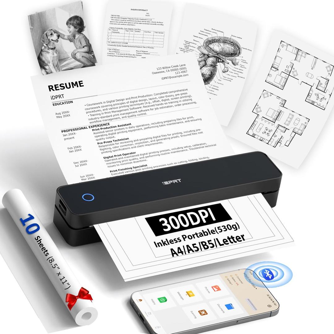 Inkless Portable Printer for Travel, Wireless Thermal Printer Supports 8.5 x 11" US Letter, A4, MT610Pro 300DPI Small Bluetooth Printers Compatible with iOS Android Laptop for Home Office Car, Black