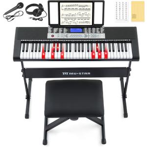 61 Key Piano Keyboard, Electric Keyboard Piano with Light-Up Keys, 255 Tones/Rhythms, Smart Learning System, Headphone, Microphone, Keyboard Stand, Stool, Stickers, Piano Keyboard Set for Beginners (Black)