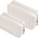 2pcc set PU Leather Cosmetic Bag for Women Minimalism Makeup Bag for Daily Use Portable Storage Purse Small Neat Cosmetic Pouch Water-resistant Toiletry Bag for Travel (Ivory White)