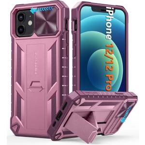 FNTCASE for iPhone 12 Phone Case: iPhone 12 Pro Military Grade Shockproof Protection Mobile Case with Kickstand & Matte Textured Rugged TPU Shell | Drop Proof Protective Cover Rose Pink