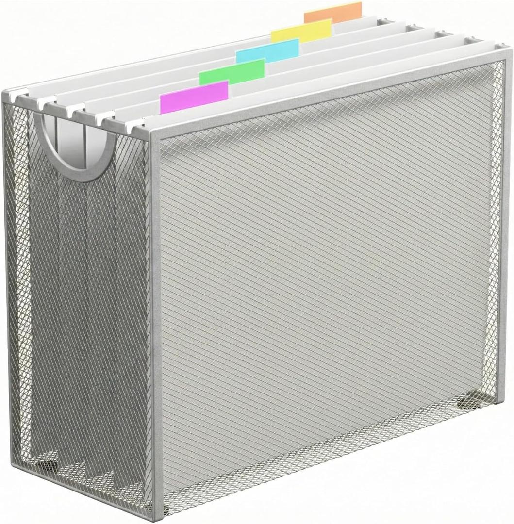 Hanging File Organizer, Letter-Size File Holder Filing Box with 5 Hanging Folders, Metal Mesh Desk File Folder Storage(No Assembly Required) (Silver, with 5 Grey Folders)