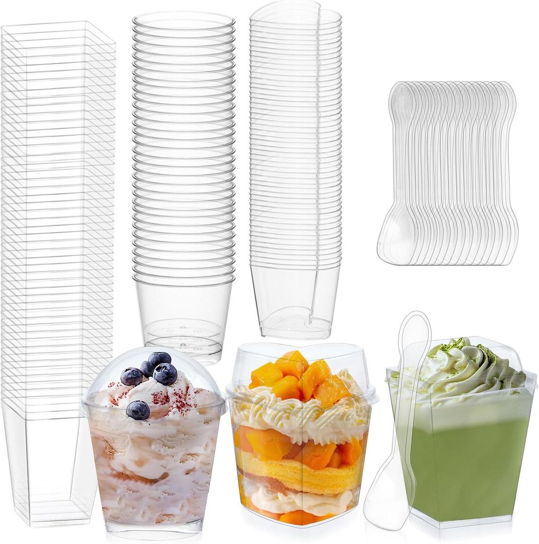120 Sets Dessert Cups with Lids and Spoons, 5oz 6oz Clear Plastic Parfait Cups for Easter Spring Party Disposable Mini Dessert Containers Serving Fruit Ice Cream and Pudding (360pcs, 3 Style)