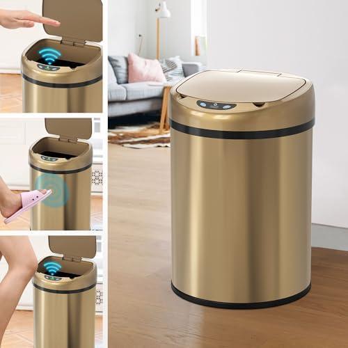 LWADALN Smart Trash Can with Lid Stainless Steel Garbage Can Smart Trash Bin with Automatic Packaging Function, 3.5 Gallon Sensor Waste Bin for Kitchen Bathroom Office,Champagne Gold