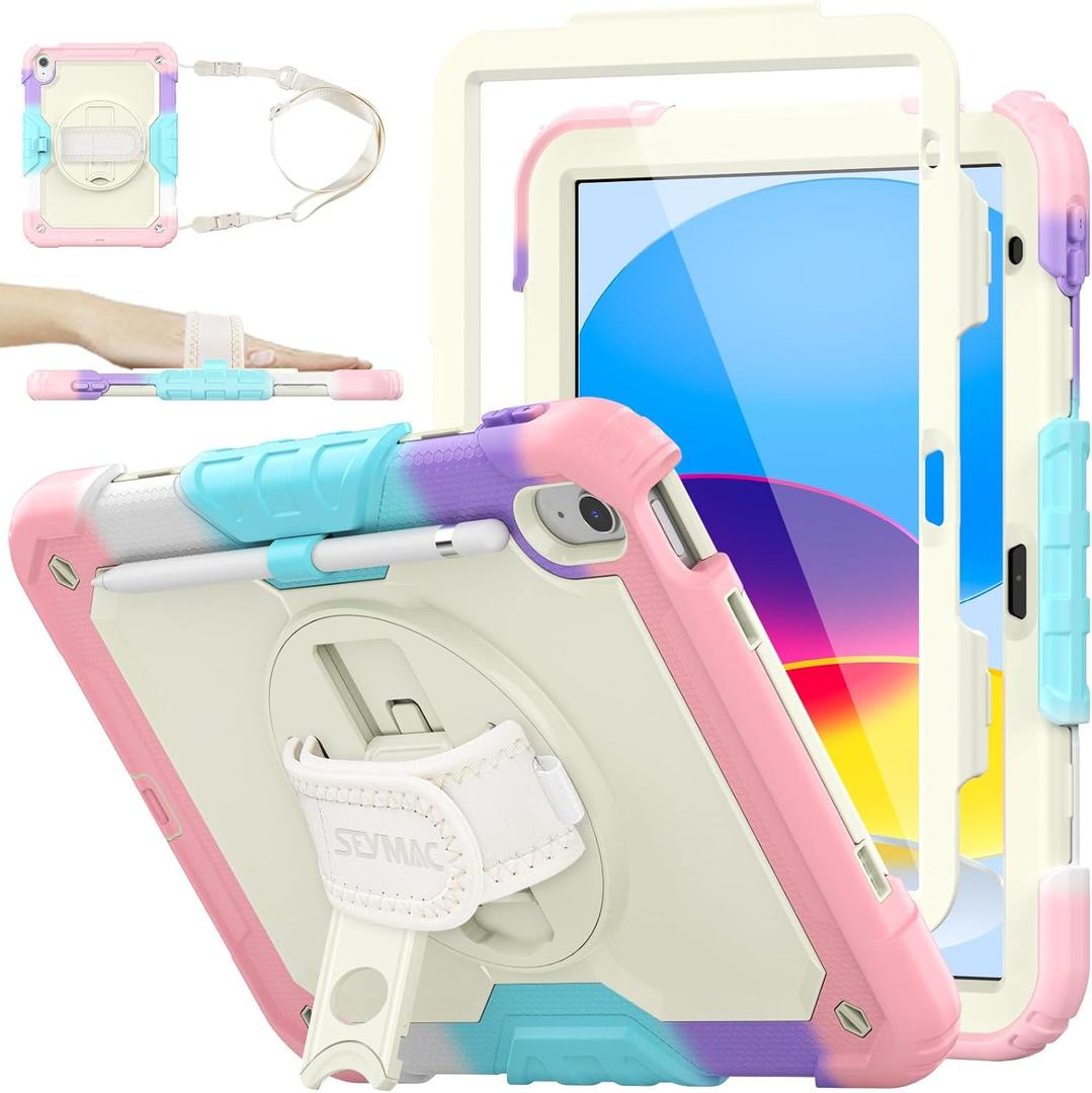 SEYMAC stock Case for iPad (A16) 11th/10th Generation 11''/10.9'' 2025/2022, Full-Body Drop Protection Case with Screen Protector &360 Rotate Hand Strap/Stand, Yellowish+Pink