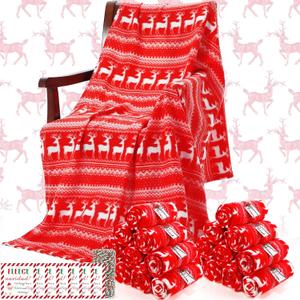 24 Pcs Christmas Throw Blankets Bulk 50 x 60 Inch Soft Fleece Blanket Tags,Reindeer Printed Warm Throw Blanket for Winter Bedding Couch Office Wedding Gifts Travel