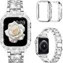 Mosonio Compatible with Apple Watch Band 38mm 40mm 41mm 42mm 44mm 45mm 46mm 49mm with 2 Pack Case Women, Jewelry Replacement Metal Bands Strap with Bling PC Protective Case for iWatch Ultra SE Series 11/10/9/8/7/6/5/4/3/2/1 (Sizes Vary By Mode)