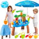 Water Table for Toddlers 3-5 with Umbrella Outdoor Toys for Kids Ages 4-8 Kids Sand Water Table with Fishing Game Set Activity Sensory Table with Water Pump Summer Gift for Kids