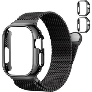Milanese Loop and Case for Apple Watch 3 2 1 Bands for Men 49mm 44mm 46mm 45mm 42mm 41mm 40mm 38mm,Magnetic Stainless Steel Mesh Metal Strap Bracelet With PC Cover for iWatchSeries 11 10 9 8 7 6 5 4 3
