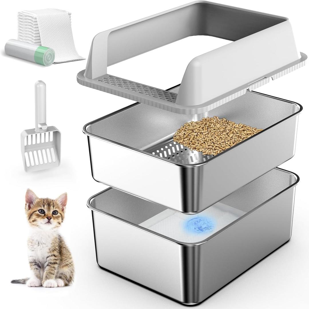 Stainless Steel Litter Box with Lid, Sifting Litter Box for Pine Pellets, 17.313.410.5 Enclosed Metal Litter Boxes for Small Cats & Kittens, High Sided Anti-Leakage, Easy Cleaning, Less Tracking